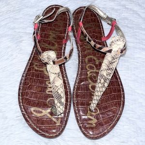 SAM EDELMAN Gigi Pink Leather Snakeskin Leopard Summer T Strap Thong Sandals 8